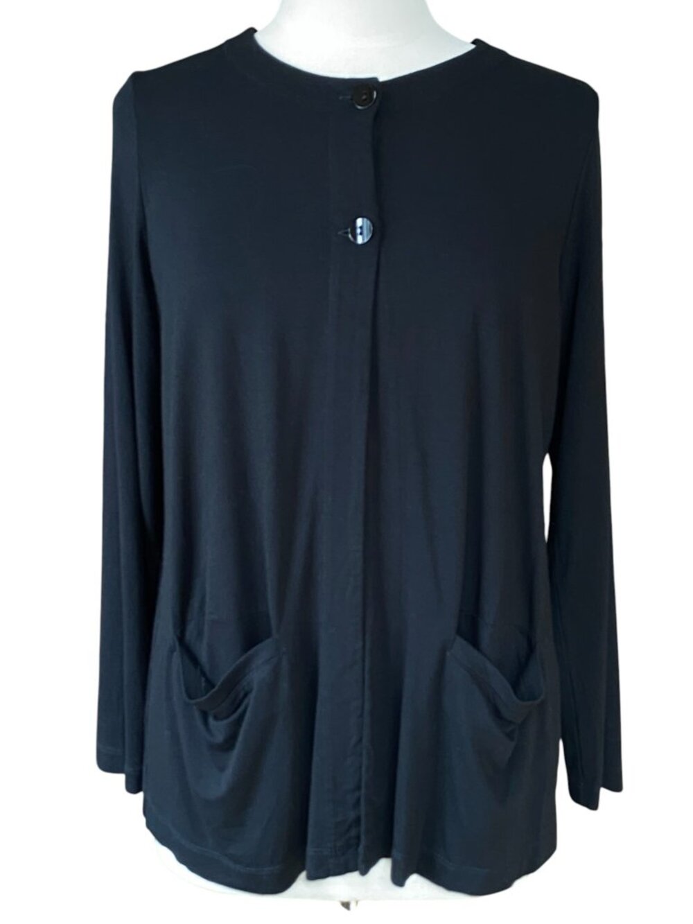 J Jill Wearever Black Rayon Jersey Knit Cardigan Pockets Wrinkle Resistant-S